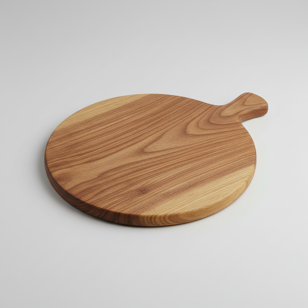 Round acacia wood cheese board with natural grain on a light grey background