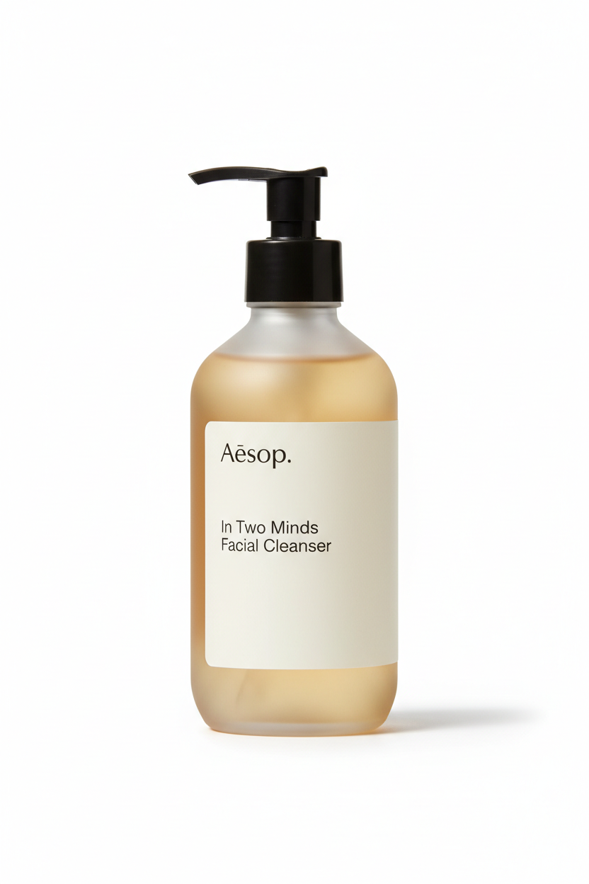 Aesop In Two Minds Facial Cleanser in frosted glass bottle with black pump