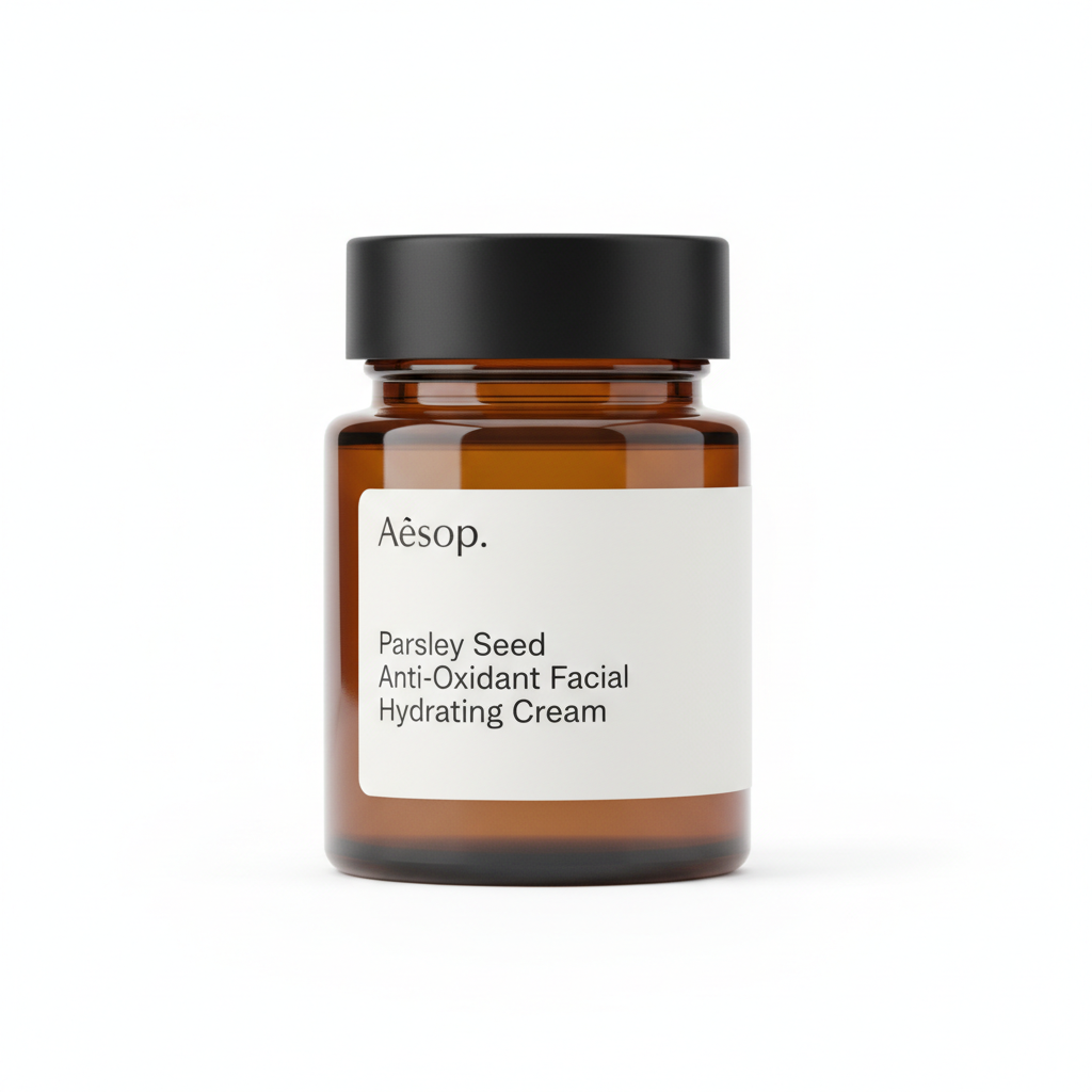 Aesop Parsley Seed Anti-Oxidant Facial Hydrating Cream in amber glass jar with black lid